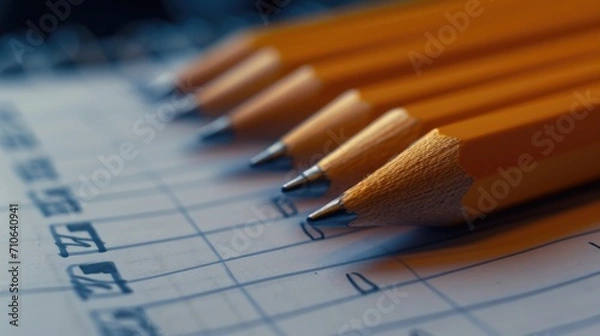 Obraz A group of pencils sitting on top of a sheet of paper. This image can be used for various creative and educational purposes