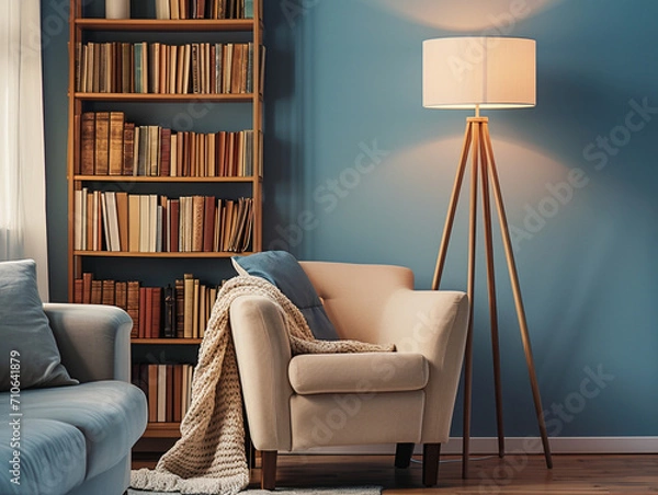 Obraz Elegant Modern Living Room in Scandinavian Design with Beige Armchair, Comfy Sofa, and Wooden Bookshelf Against a Serene Blue Wall, Illuminated by a Stylish Floor Lamp