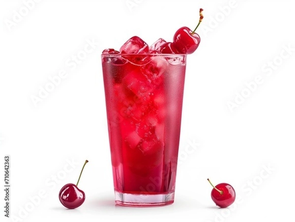 Fototapeta Design mockup. A bright red cherryade, cherries on top, served in a highball glass, on a white background. Generative AI