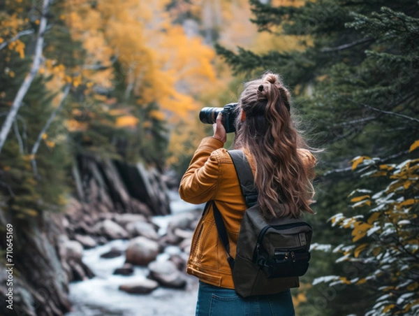 Obraz Beautiful girl photographer with a camera on the background of the autumn forest