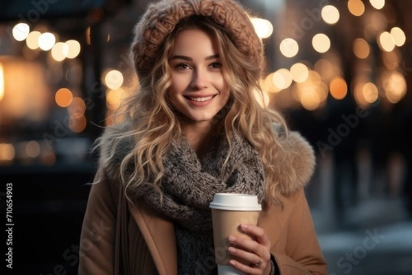 Fototapeta Beautiful young woman with a glass of coffee in her hands in winter under bokeh lights