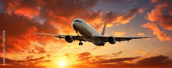 Fototapeta Passenger plane. Plane is going up. Nice weather sunset in the background