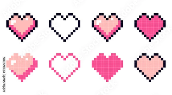 Fototapeta Set of different pink hearts in pixel art style. Pixel icon, vector illustration isolated on white background. Vector 8-bit retro style illustration