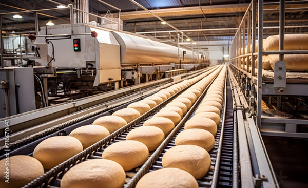 Fototapeta Bread on an automated conveyor system.