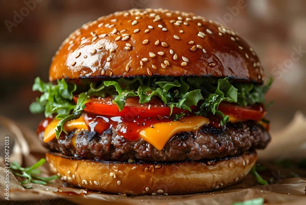 Obraz Juicy double cheeseburger with lettuce and tomato on a sesame bun, served on a wooden table.