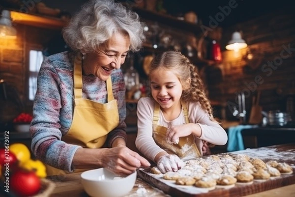 Obraz Taste of Tradition: In a Rustic Kitchen, a Grandmother and Child Cook Together, Sharing Love, Connection, and Happiness through the Art of Pastry.