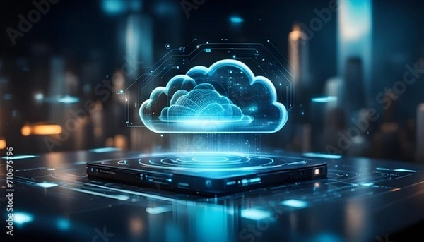 Obraz cloud computing - cloud with hologram digital wireless connection, data transfer cloud. Futuristic technology illustration.