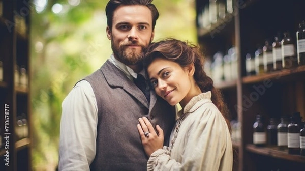 Fototapeta Victorian Couple Embracing in an Apothecary