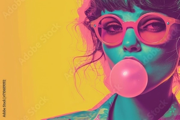 Obraz a pulp portrait of a young girl blowing a bubble  gum , posing on camera, nostalgic retro 80s mood