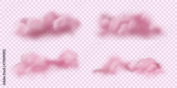 Fototapeta Set of realistic pastel colored pink clouds. Fluffy liquid sky icons isolated on transparent backdrop