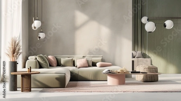 Fototapeta Trendy modern living room interior design with sofa and tables in minimalistic Danish design