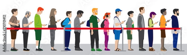 Fototapeta Group of people standing waiting in line queue horizontal format