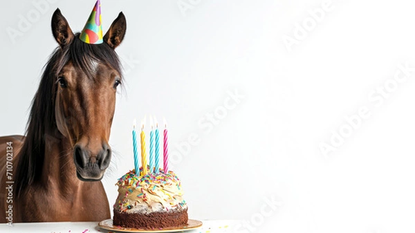 Obraz Horse wearing a birthday hat in front of a birthday cake isolated on white background