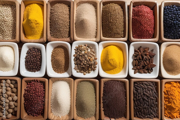 Fototapeta a wooden table topped with bowls filled with different types of spices,generative ai