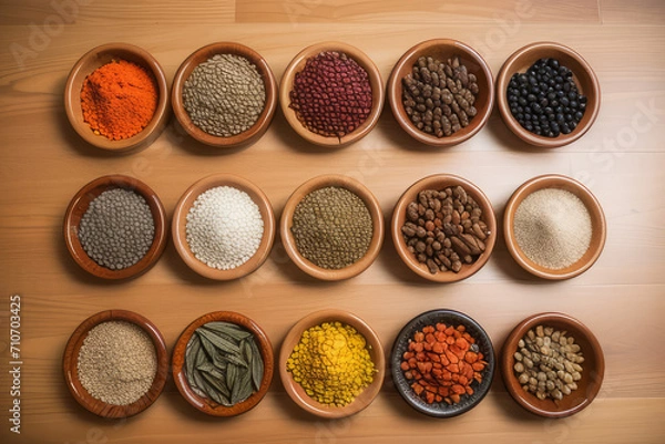 Fototapeta a wooden table topped with bowls filled with different types of spices,generative ai