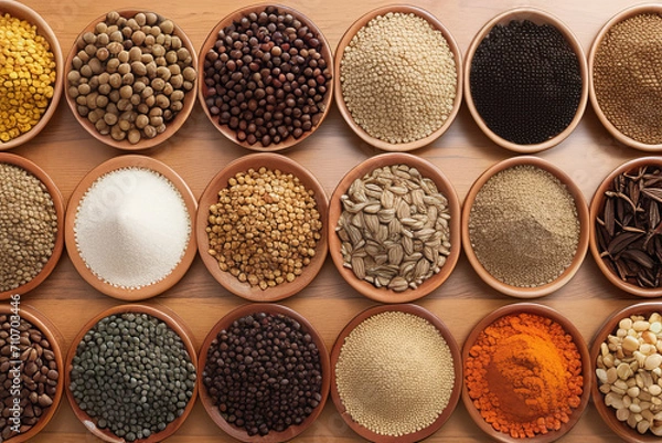 Fototapeta a wooden table topped with bowls filled with different types of spices,generative ai