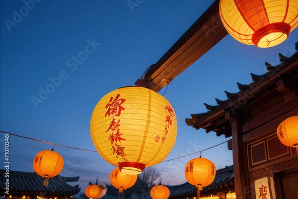 Fototapeta a bunch of paper lanterns hanging from a ceiling, glowing lanterns,generative ai