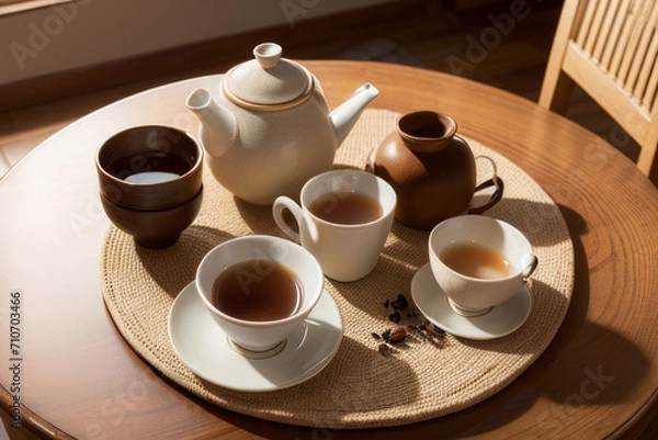 Fototapeta cups of tea and a teapot on a table,generative ai