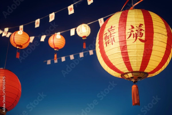 Fototapeta a bunch of paper lanterns hanging from a ceiling, glowing lanterns,generative ai