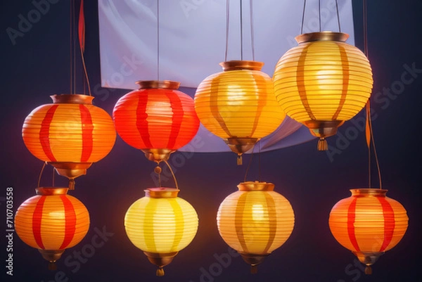 Fototapeta a bunch of paper lanterns hanging from a ceiling, glowing lanterns,generative ai