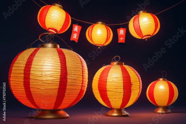 Fototapeta a bunch of paper lanterns hanging from a ceiling, glowing lanterns,generative ai