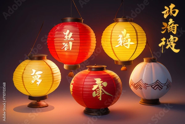 Fototapeta a bunch of paper lanterns hanging from a ceiling, glowing lanterns,generative ai