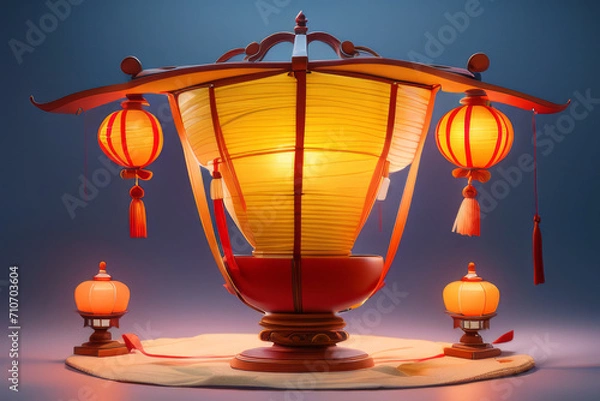 Fototapeta a bunch of paper lanterns hanging from a ceiling, glowing lanterns,generative ai
