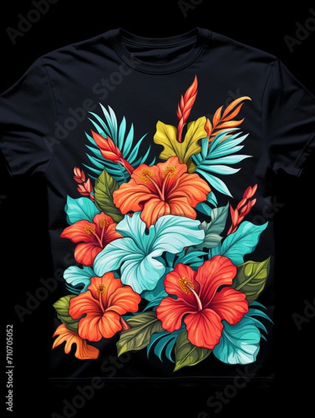 Fototapeta super T-shirt design featuring tropical flowers with a little-flat graphic design created with Generative Ai