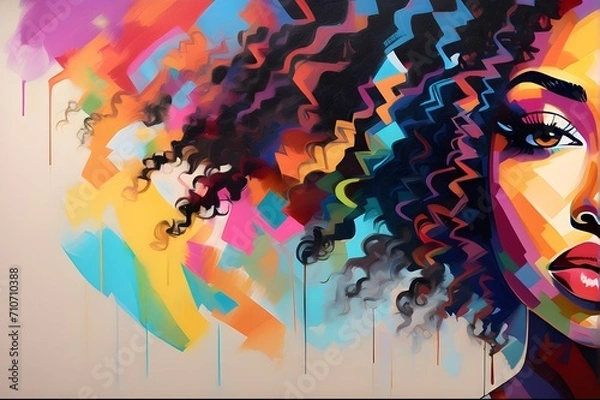Obraz an African american woman face closeup with a lush curly hair multi color abstract portrait