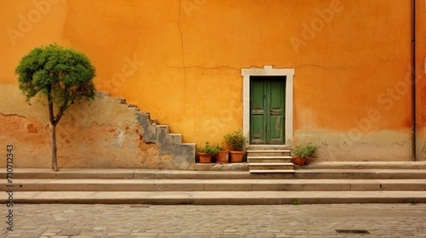 Fototapeta Rustic Tuscan Wall with Green Door and Steps