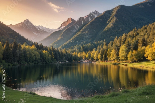 Fototapeta  trees and mountains, mountain lake,generative ai