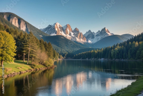 Fototapeta  trees and mountains, mountain lake,generative ai