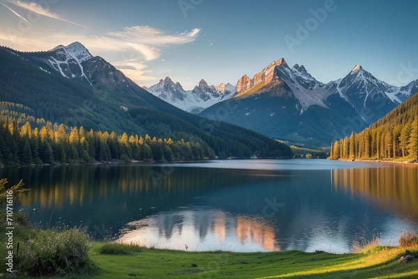 Fototapeta  trees and mountains, mountain lake,generative ai