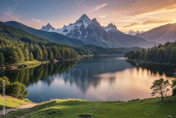 Fototapeta  trees and mountains, mountain lake,generative ai