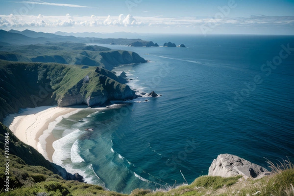 Fototapeta a beach, flying over the ocean,bird eye view,generative ai