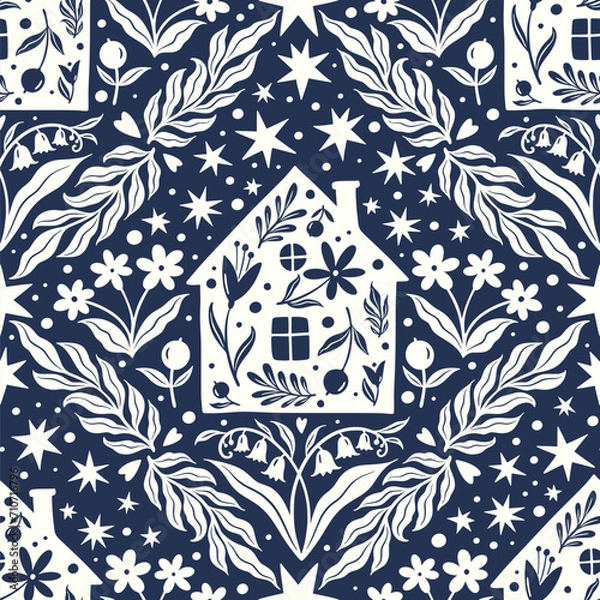 Obraz Hand drawn doodle cartoon houses and flower silhouette seamless pattern, cute house seamless texture