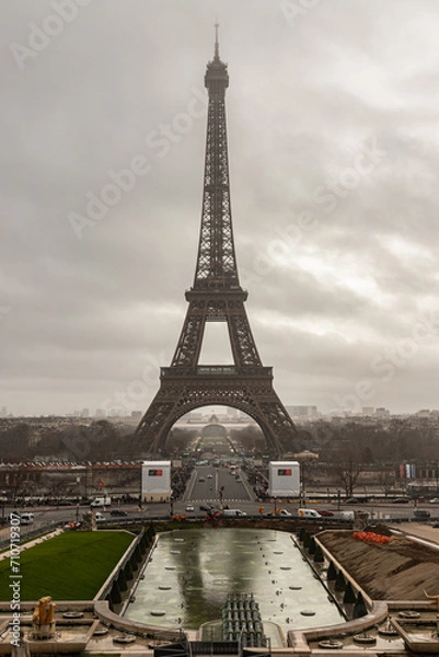 Obraz Nice scenery of Eiffel Tower with sky background in Paris. View from Trocadero view point at evening, Destinations in Europe. Space for text, Selective focus.