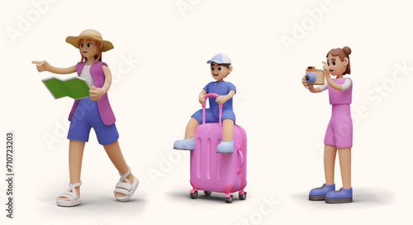 Fototapeta Set of tourists in cartoon style. Woman with map, boy with suitcase, girl with camera. 3D characters in action. Templates for skits, advertising illustrations