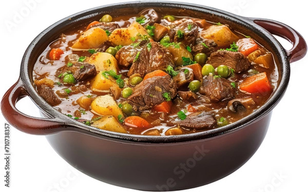 Fototapeta Delicious Tasty Beef meat and vegetables stew in pot, potatoes, carrots, PNG, Transparent, isolate.