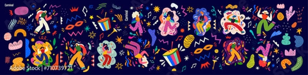 Fototapeta Carnival party. Carnival collection of colorful cards. Design for Brazil Carnival. Decorative abstract illustration with colorful doodles. Music festival illustration	

