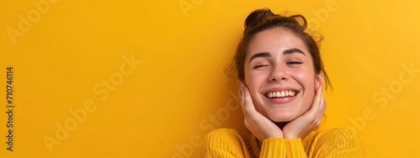 Fototapeta Caucasian Female Happy Yellow Background Beautiful Person Generative AI