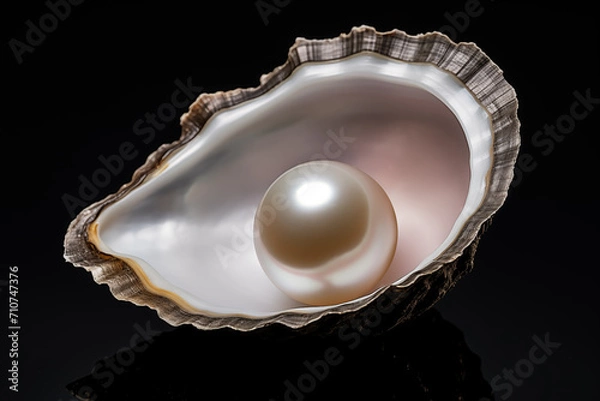 Fototapeta Shiny round pearl on marine oysters' shell and black background. Generative AI

