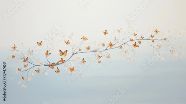 Fototapeta  a branch with a bunch of butterflies hanging off of it's branches, against a light blue sky background.