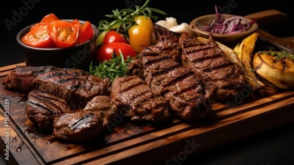 Fototapeta  a wooden cutting board topped with meat and veggies next to a bowl of fruit and a bowl of salad.