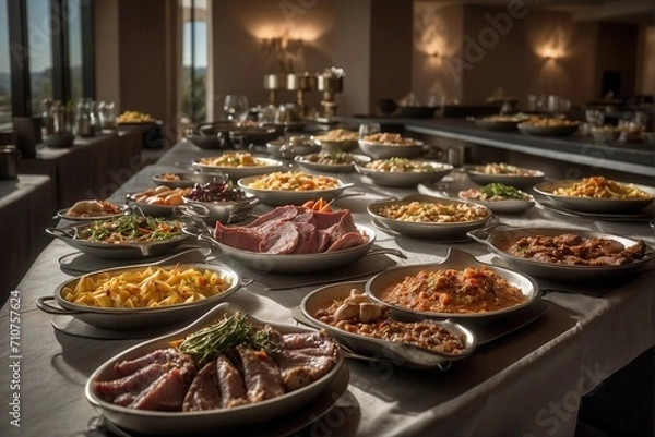 Fototapeta Buffet filled with a variety of different dishes, happening, cauldrons