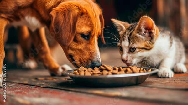 Obraz a dog and a cat eat from the same plate. Selective focus.