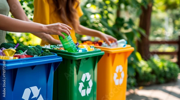 Obraz sorting waste into containers. Selective focus.