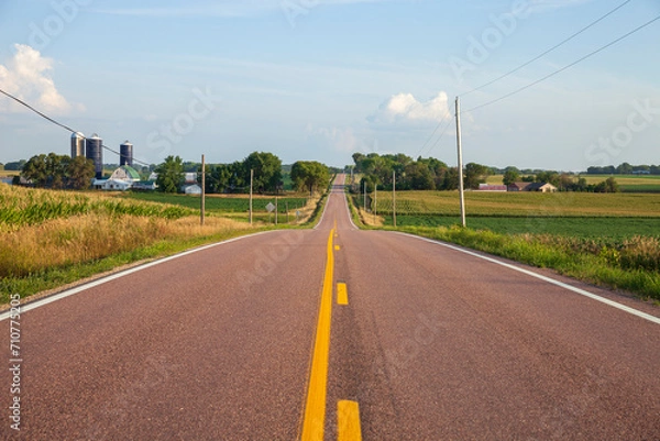 Obraz Rural road by a farm and fields in central Minnesota on a sunny afternoon during summer