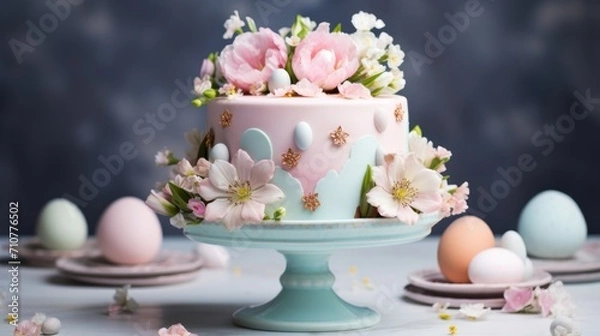 Fototapeta  a cake decorated with flowers and eggs sits on a cake plate surrounded by other cakes and confetti pieces.