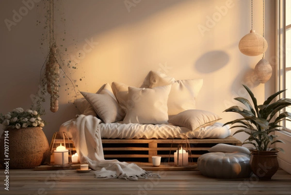 Fototapeta A meditation corner adorned with cushions and soft lighting, a serene space where someone practices mindfulness and embraces the habit of daily meditation.  Generative Ai.
